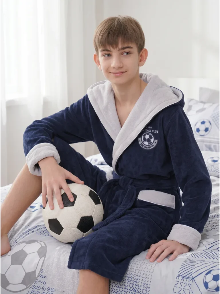 Подростковый халат с капюшоном Ronaldo категории «Премиум Турция» с именной вышивкой (Деним)